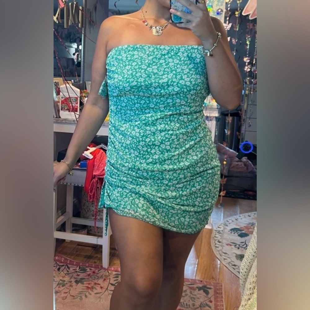 Green Floral Ruched Strapless Mini Dress Y2K Summer Vacation XXL